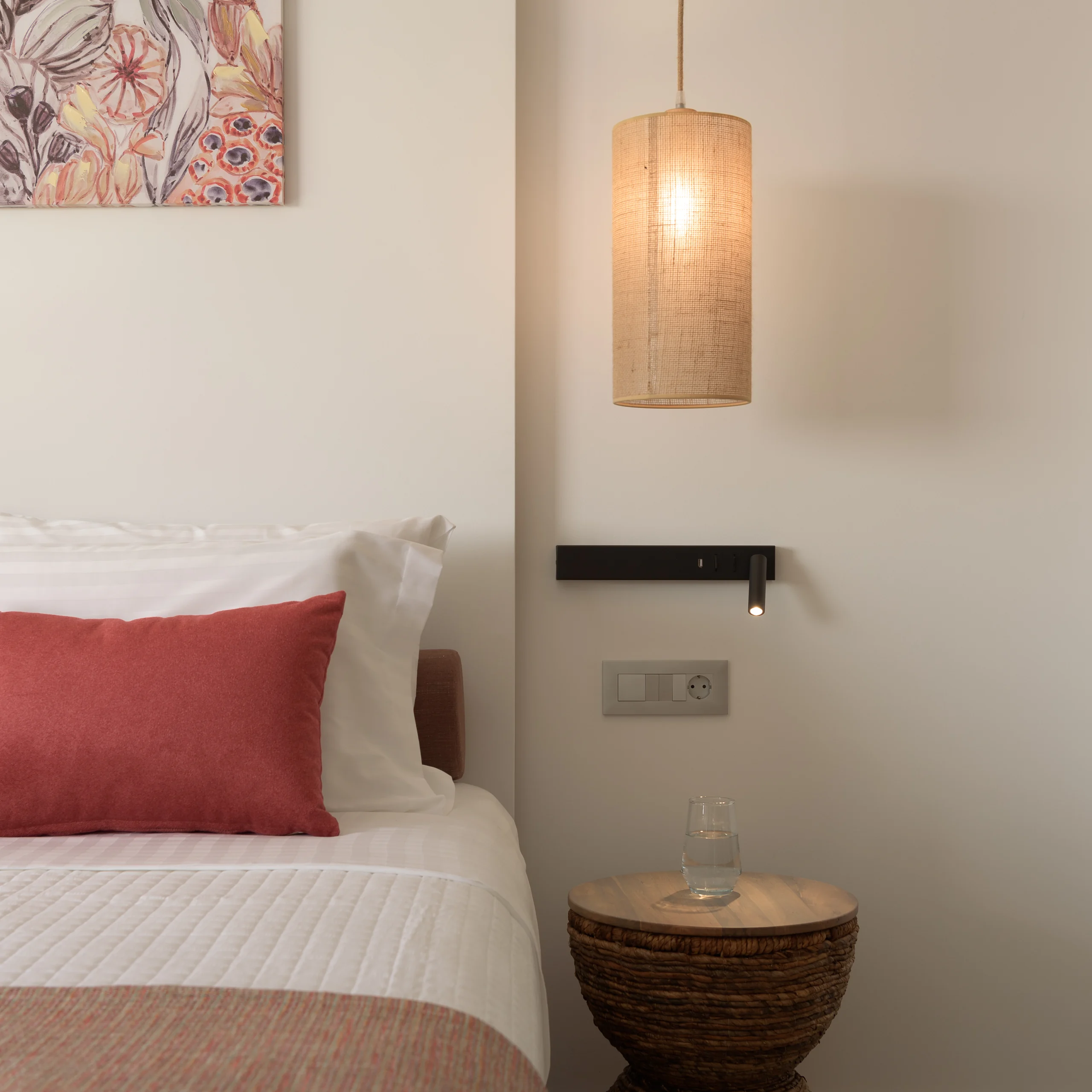 Coral cushion and integrated reading light in First-floor Bedroom 3 at Aesthea Exclusive Villa