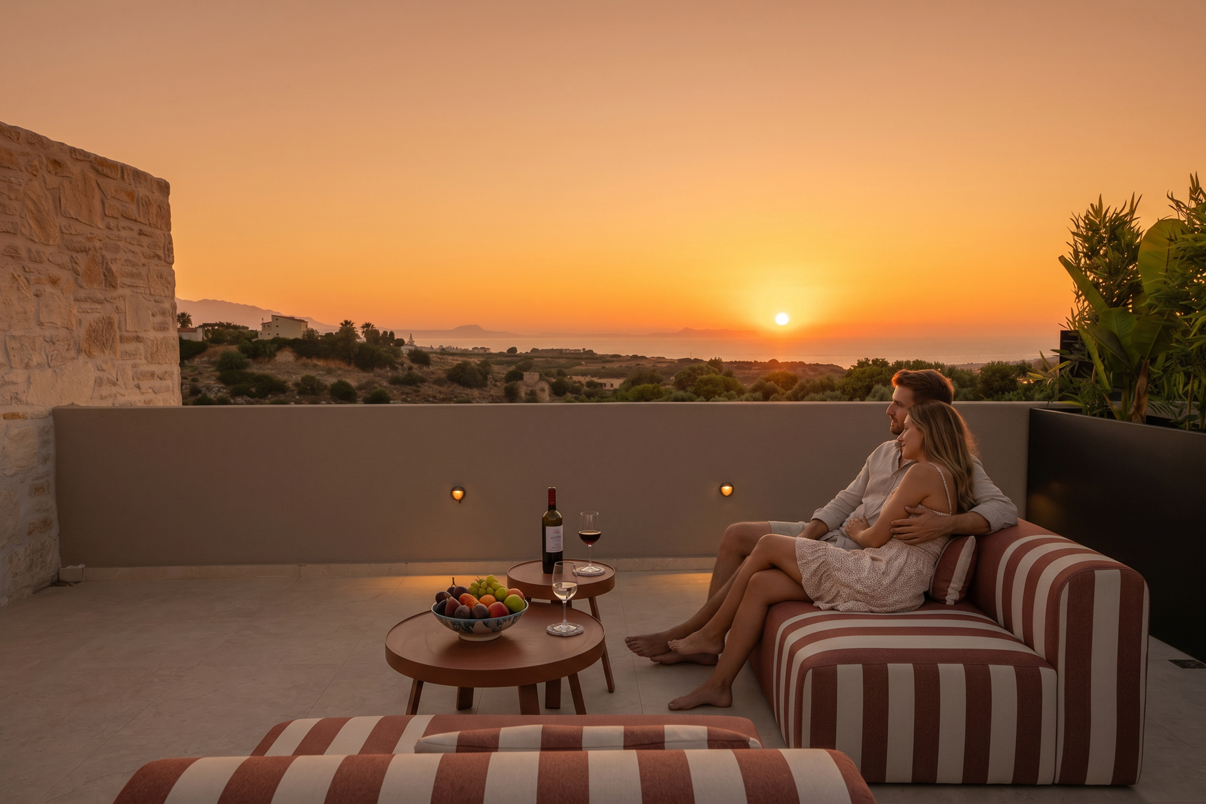 A guest relaxing on Right Crete's private terrace at sunset