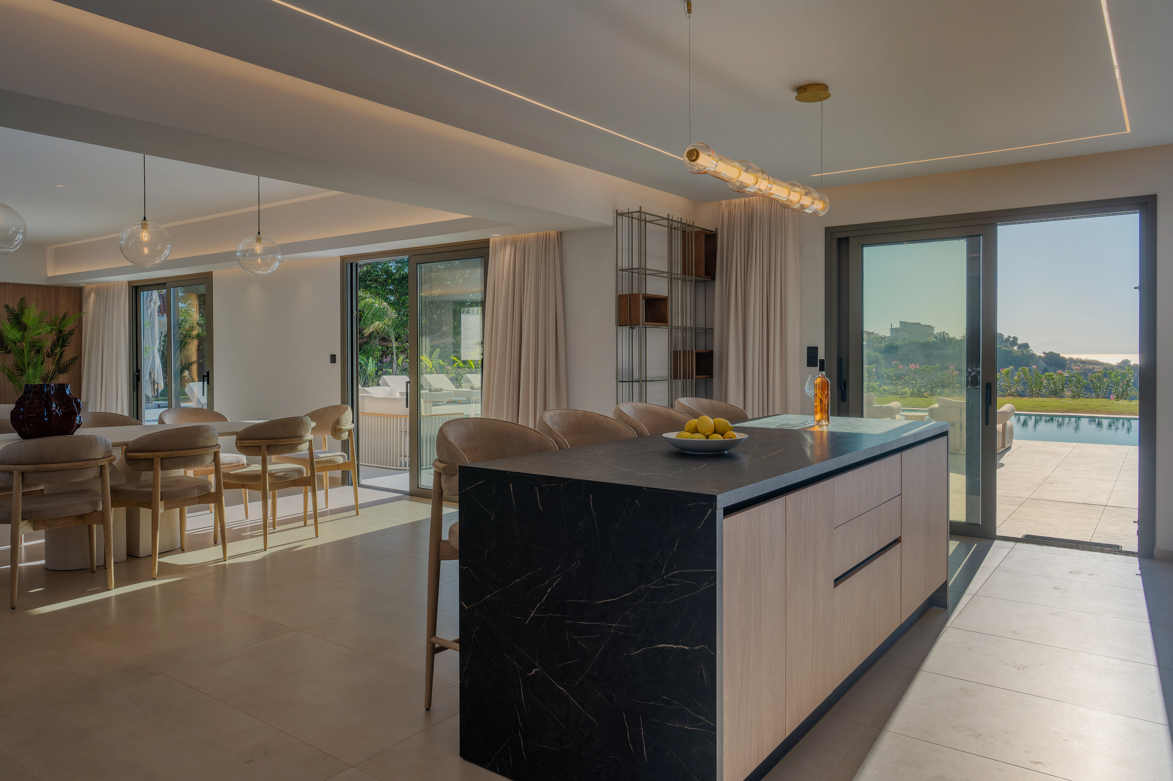 Left Crete's kitchen island looking toward the pool terrace
