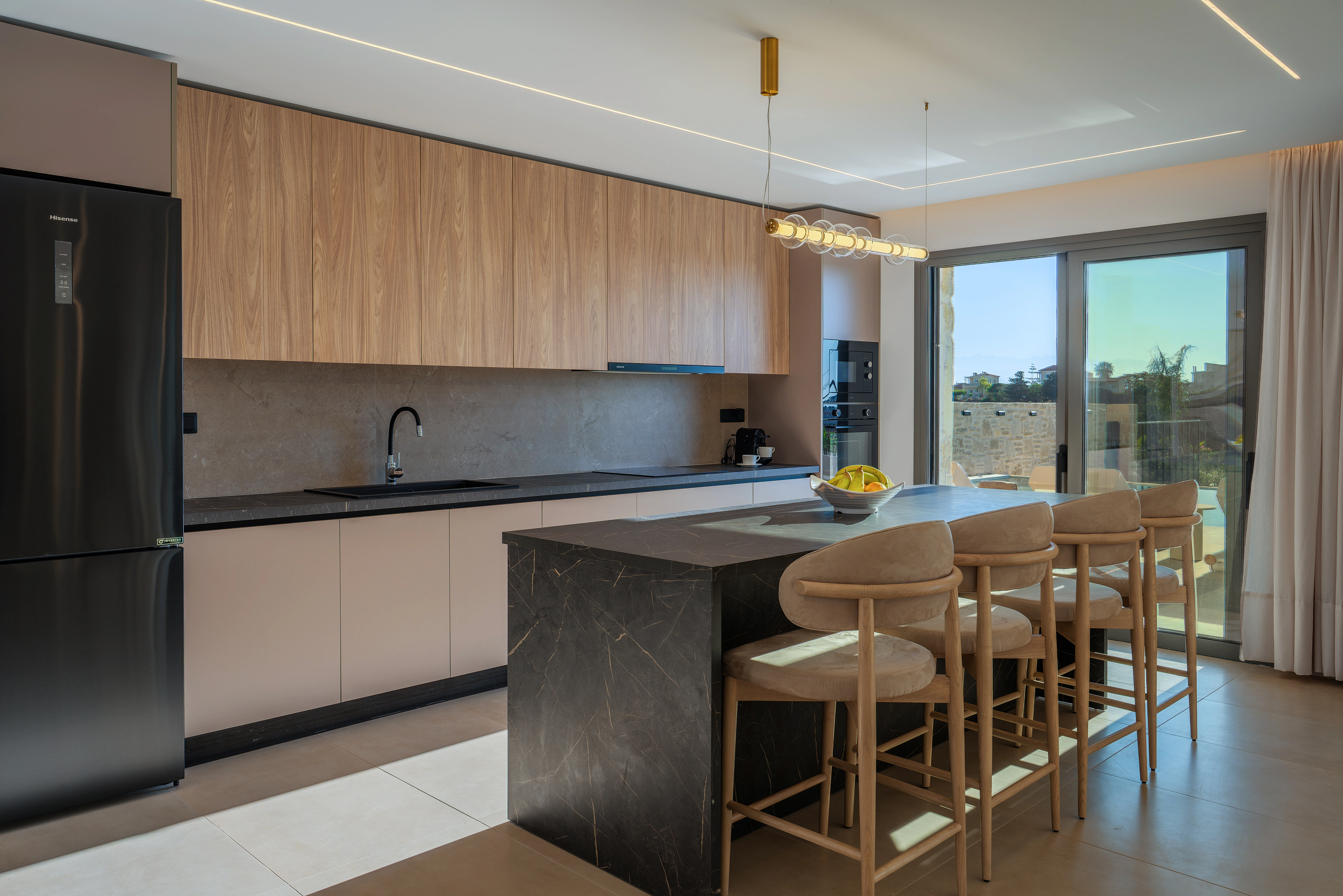 Right Crete's kitchen island looking toward the pool terrace